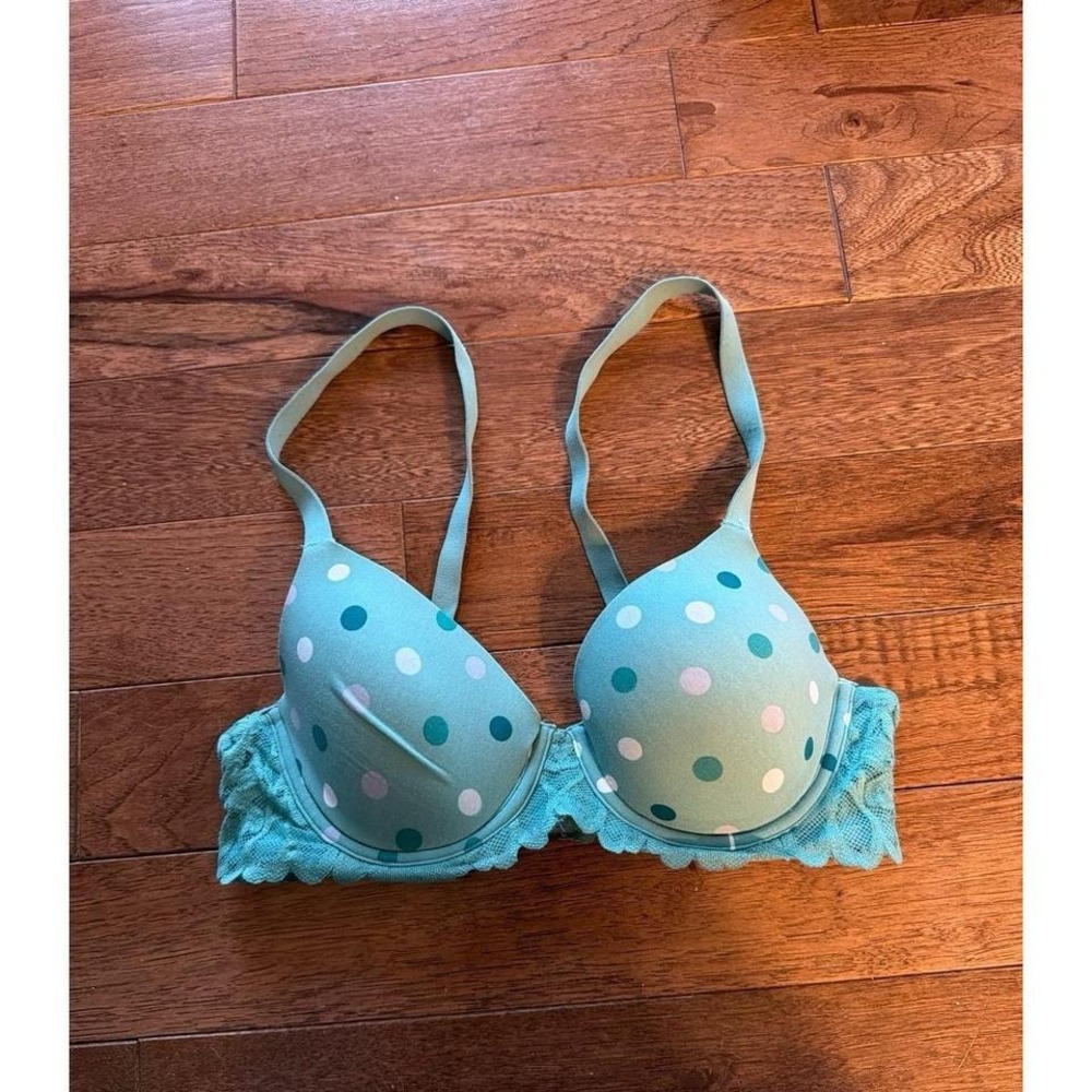 No Boundaries Lace Frame T Shirt Bra Teal Polka Dots Underwire 34B